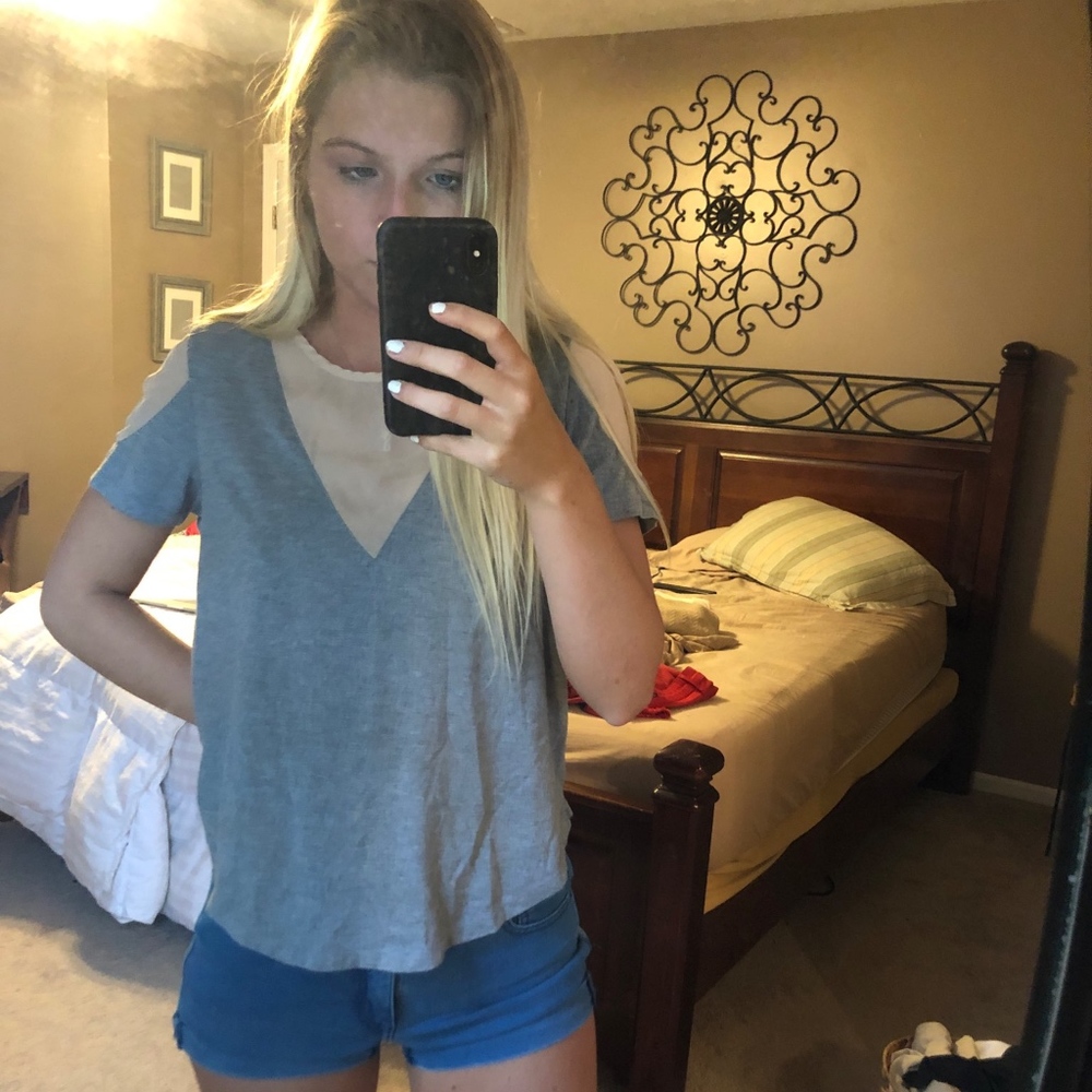 tan and grey mesh shirt